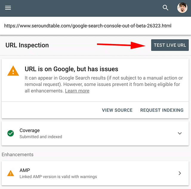 Botón en vivo de prueba de la herramienta de inspección de URL de la consola de búsqueda de Google