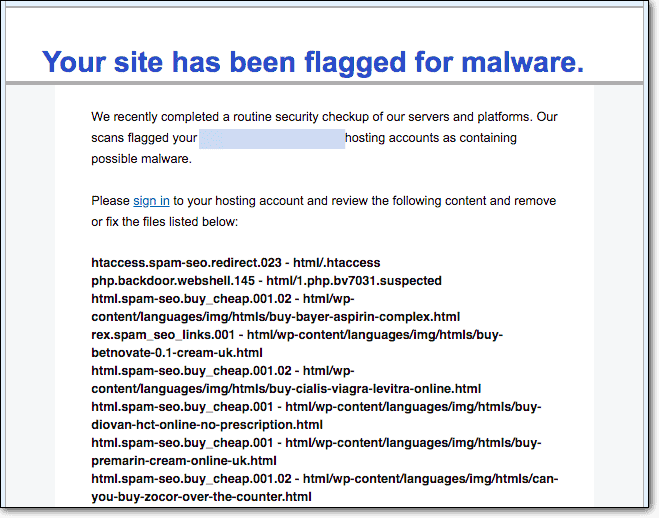 E-Mail-Site des Webhosts, die für Malware gekennzeichnet ist
