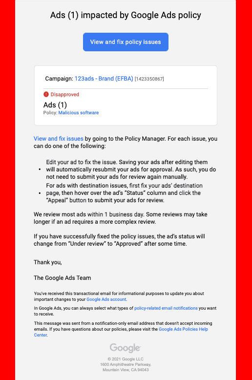 Account Google AdWords sospeso a causa di software dannoso