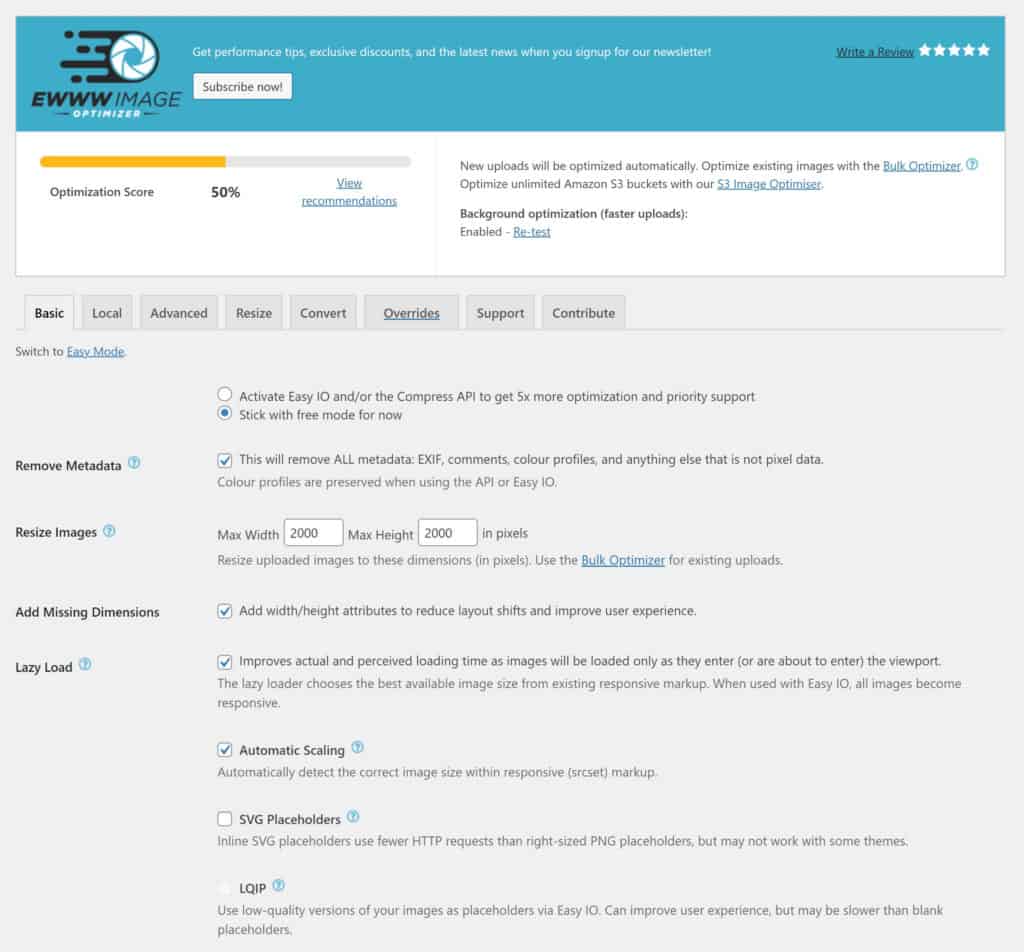 Configuración del optimizador de imagen EWWW