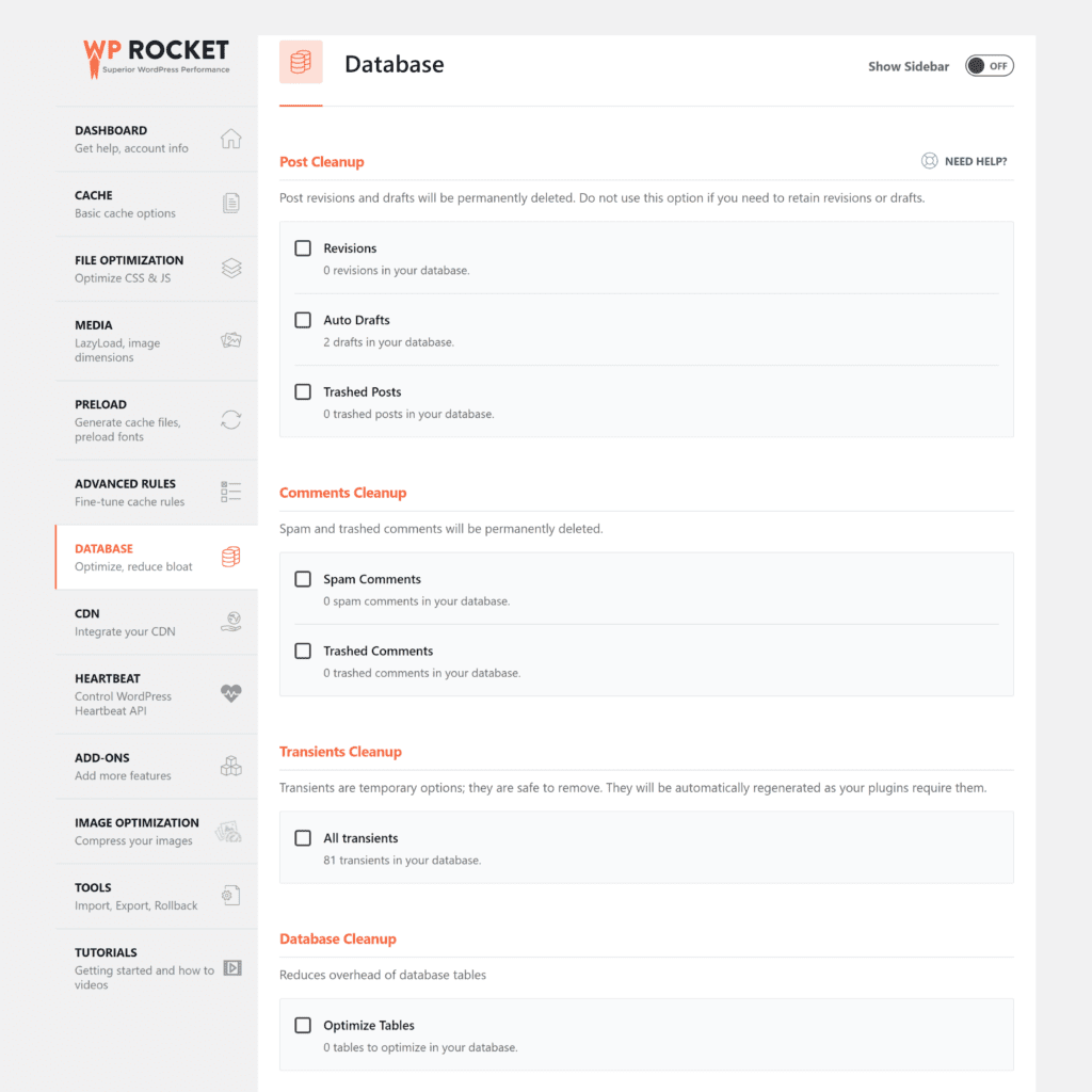 تحسين قاعدة بيانات WP Rocket WordPress