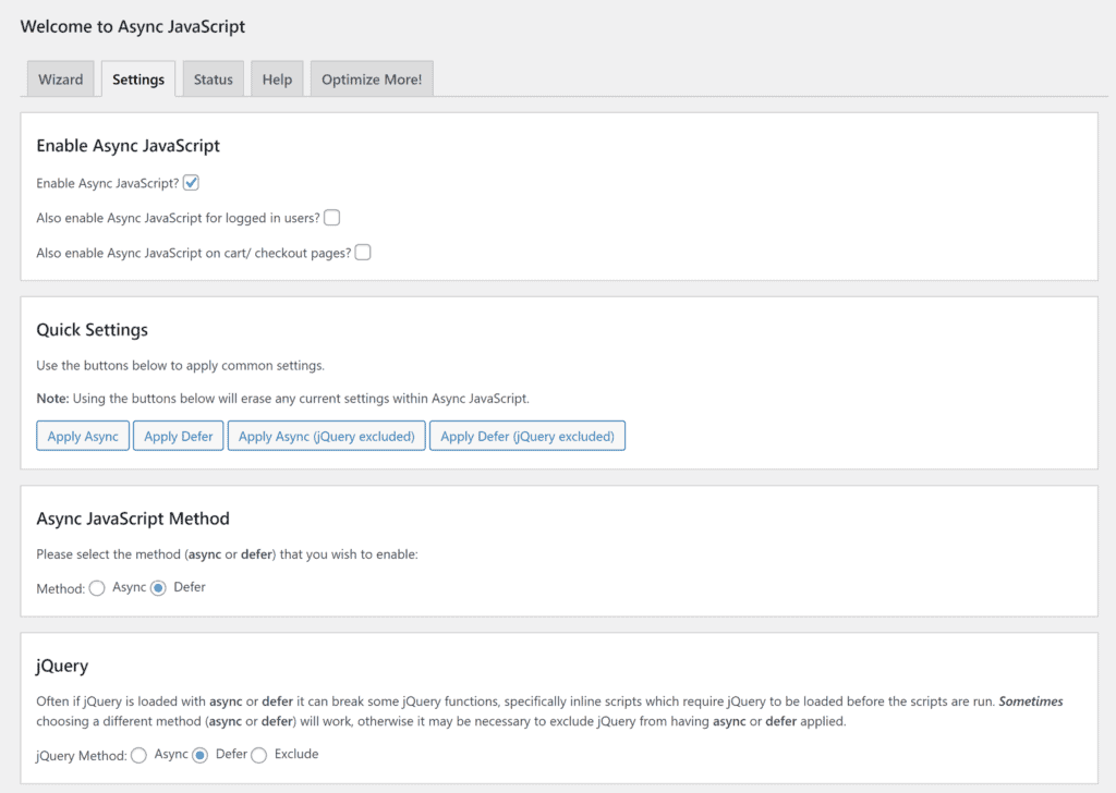 Configurações de JavaScript assíncrono