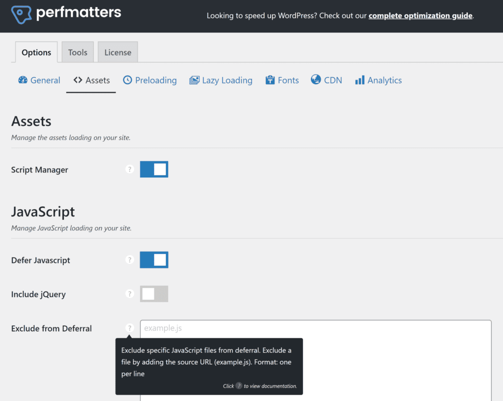Perfmatters Configurações de Javascript para adiar a análise de Javascript