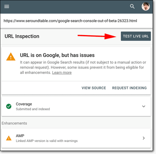 ปุ่มทดสอบเครื่องมือตรวจสอบ URL ของ Google Search Console