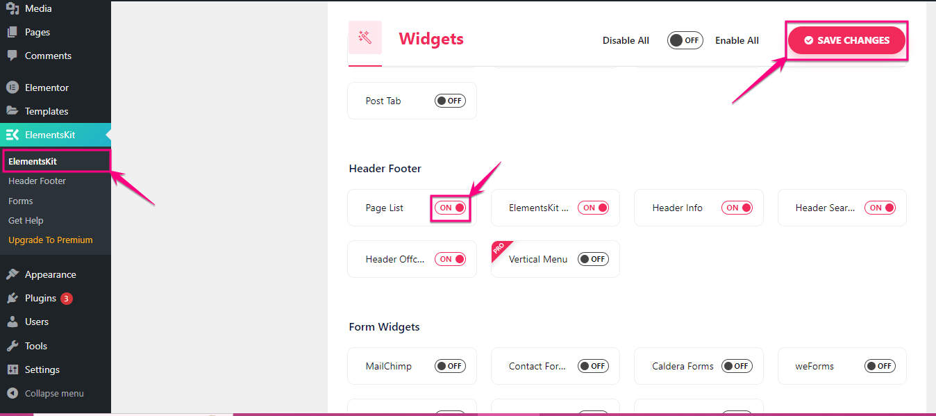 Habilitar la lista de páginas para agregar una lista de páginas en WordPress