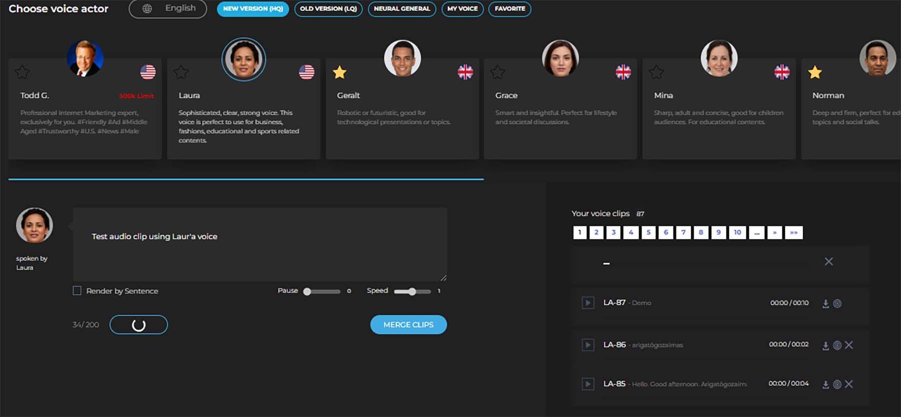 Synthesys AI ses üreteci kontrol paneli