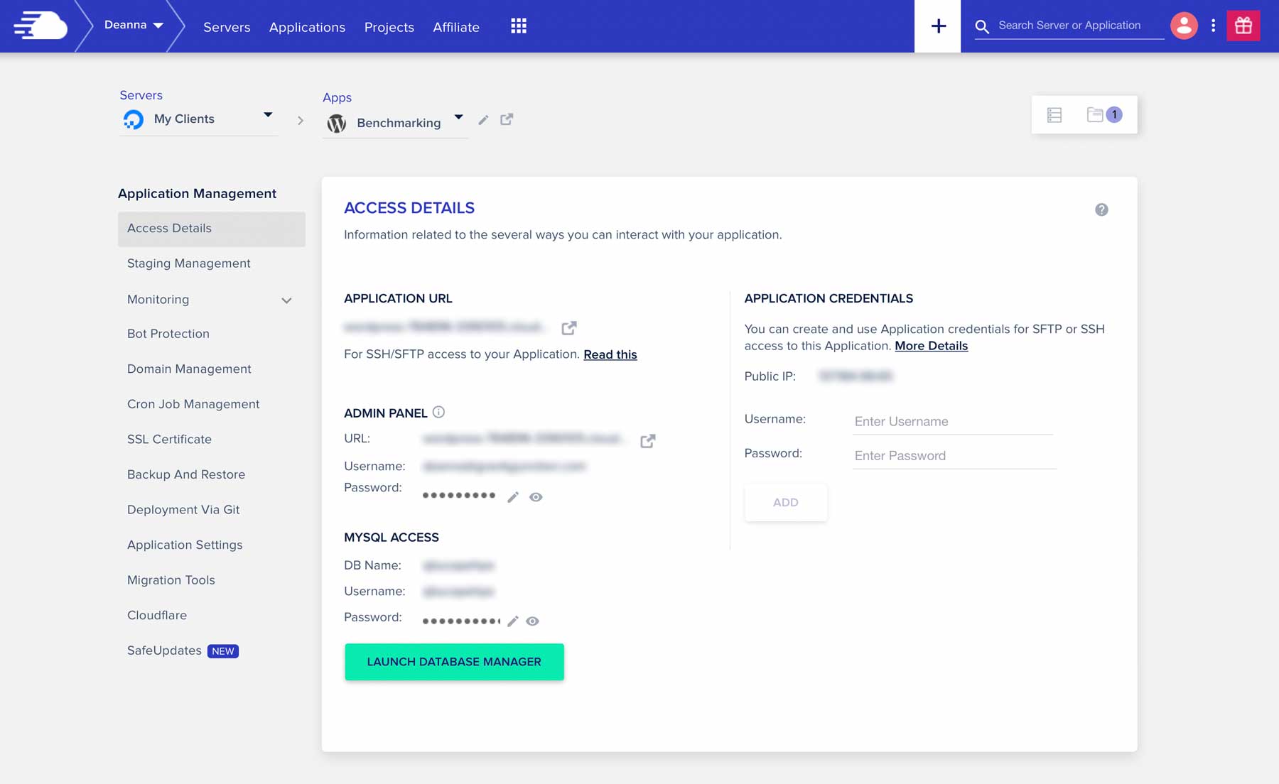 แดชบอร์ด Cloudways