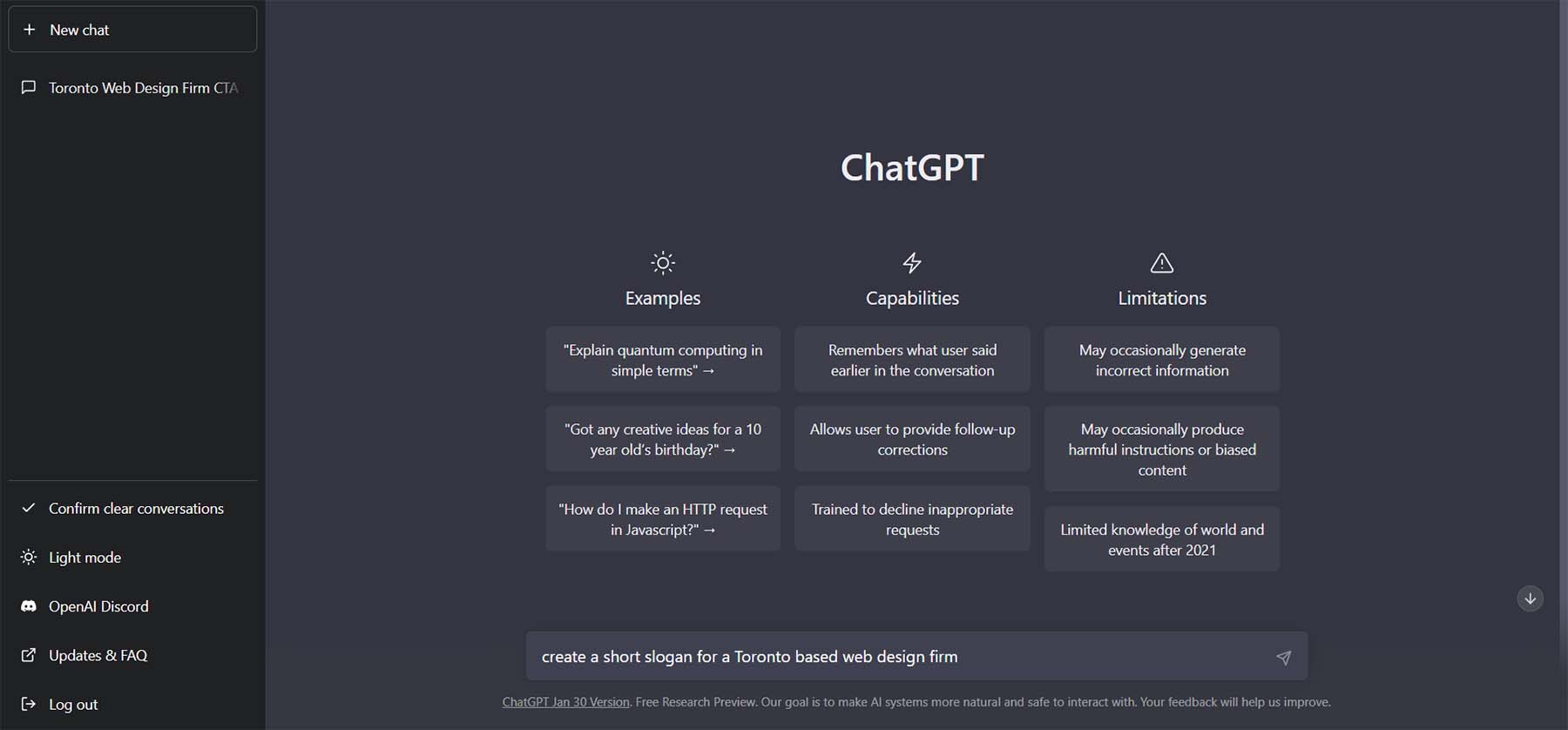 Chiedere a ChatGPT di creare un breve slogan per il nostro sito web