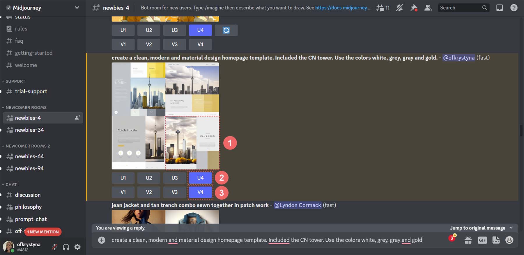 Migliora l'opzione 4 e crea una variazione di questa selezione in MidJourney