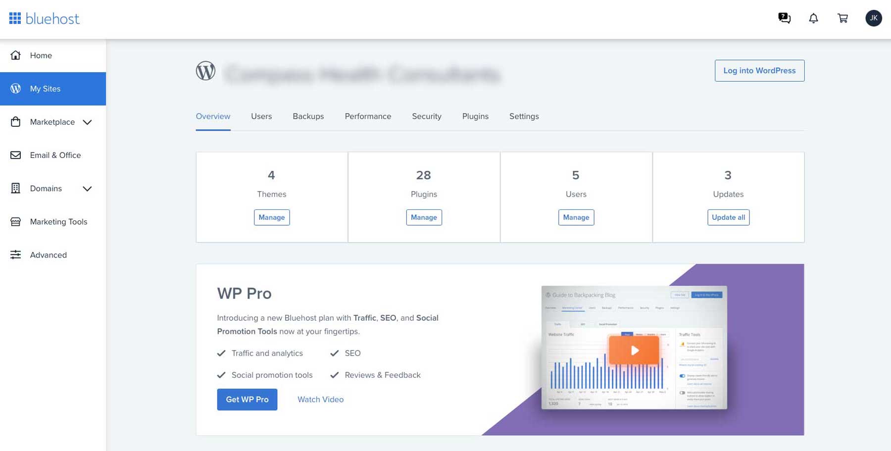 لوحة القيادة Bluehost