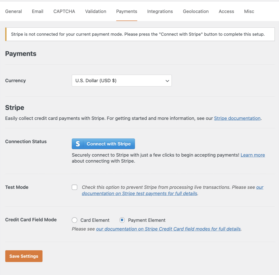 WPForms Stripe payment settings