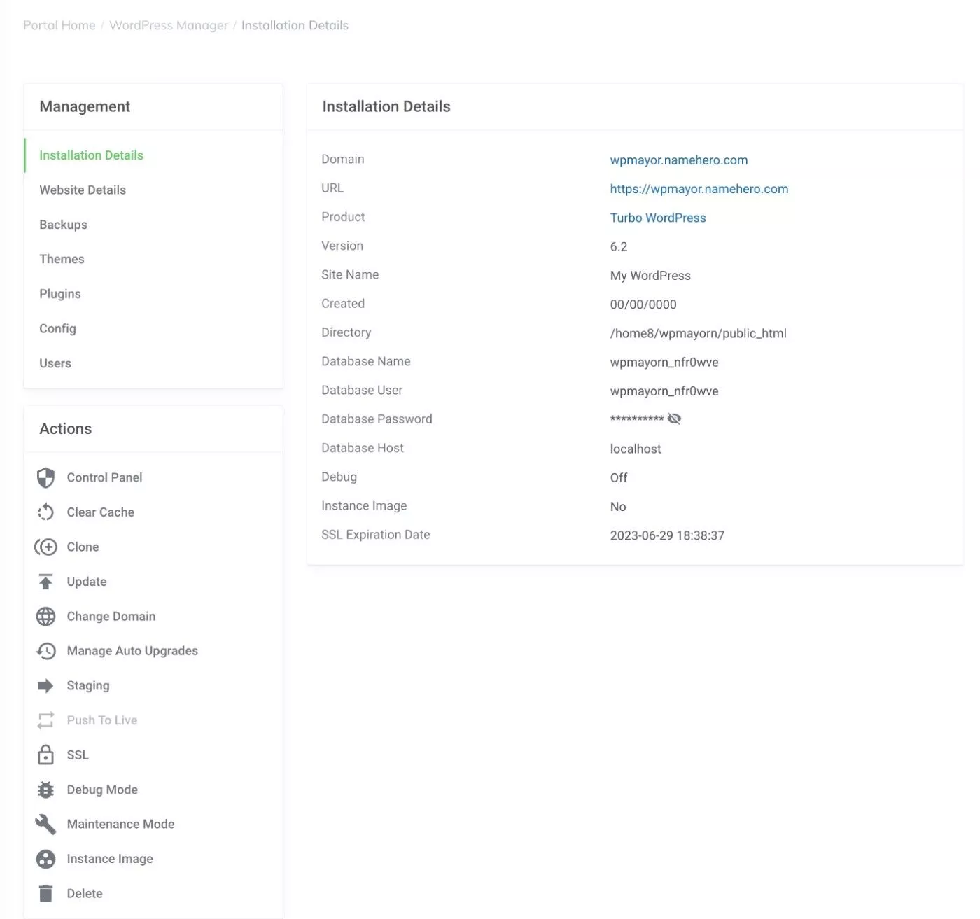 NameHero WordPress 호스팅 대시보드