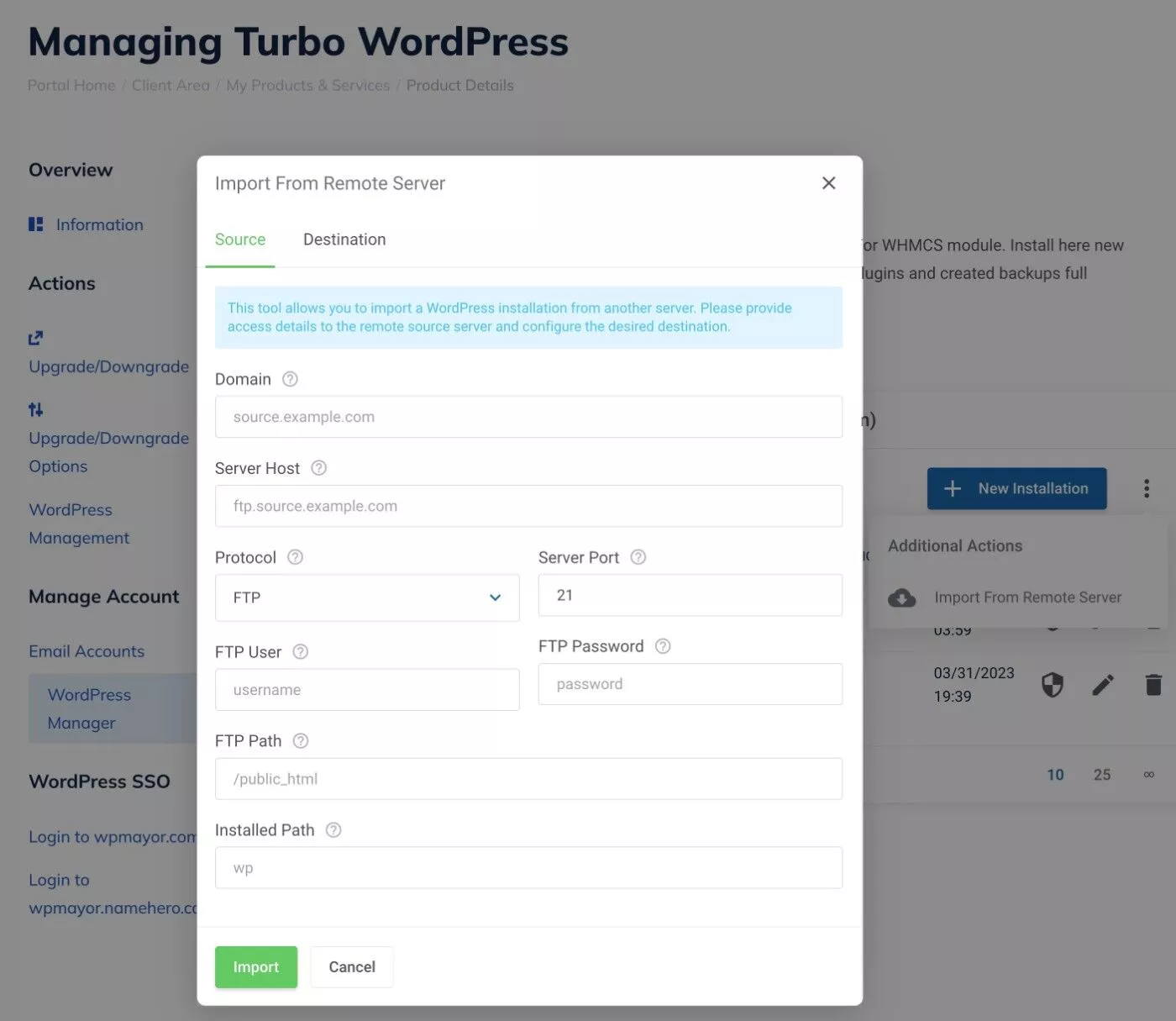 원격 WordPress 사이트 가져오기