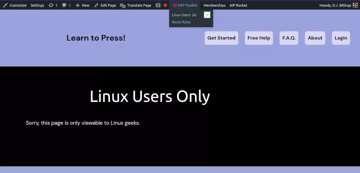 screenshot che mostra DXP ToolKit nella barra di amministrazione
