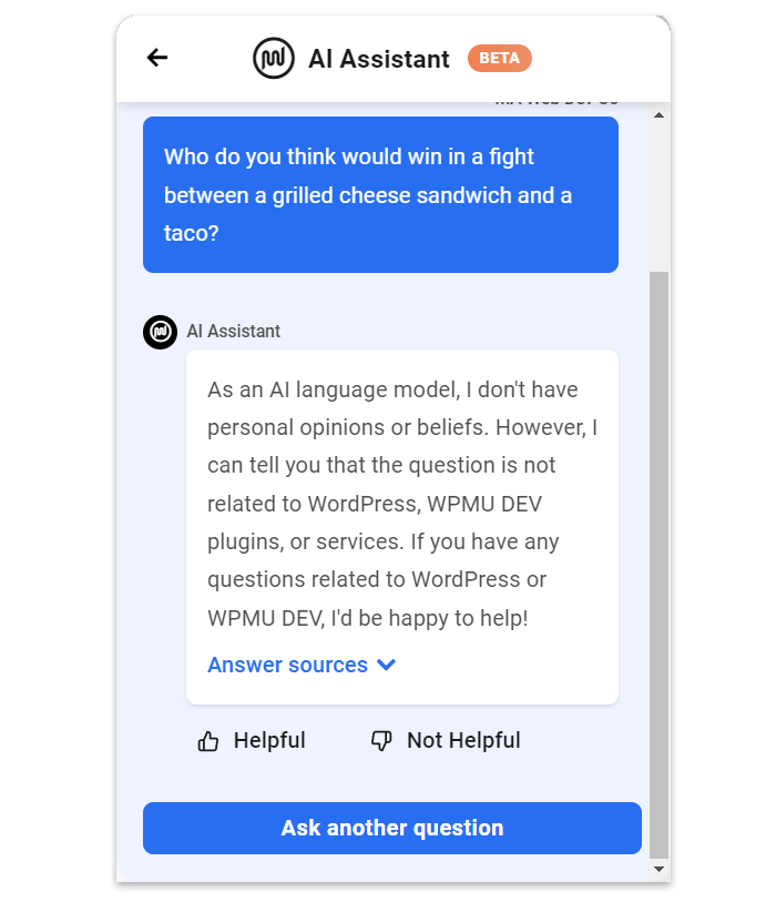 Risposta dell'assistente WPMU DEV AI alla domanda non correlata.