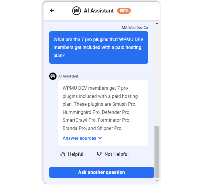 WPMU DEV AI Assistant - Esempio di domanda e risposta.