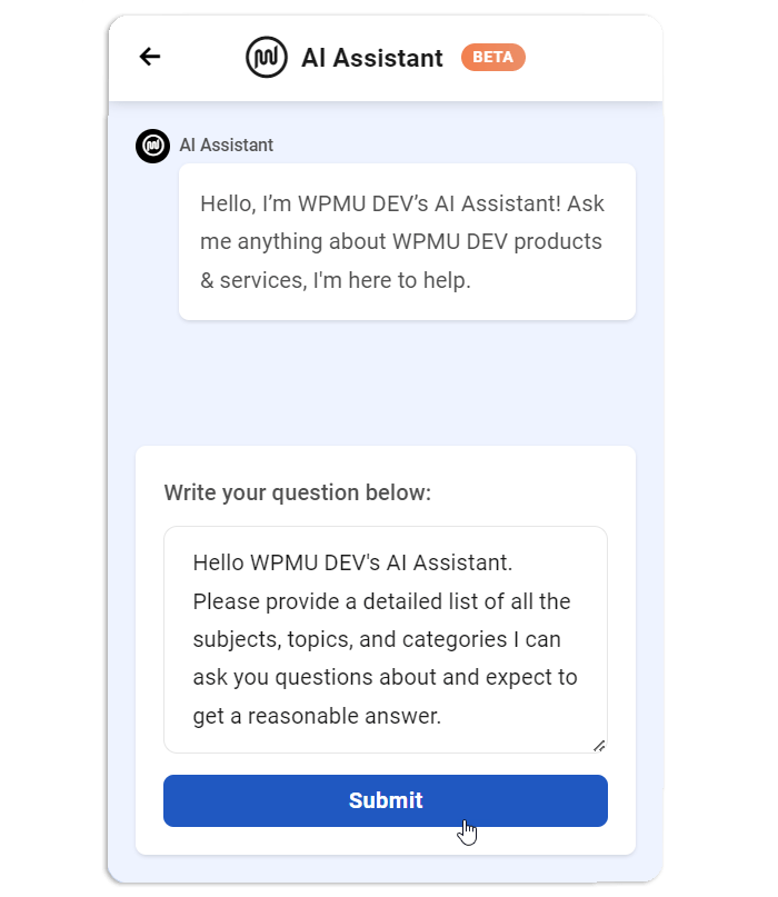 Assistente AI WPMU-DEV con prompt.