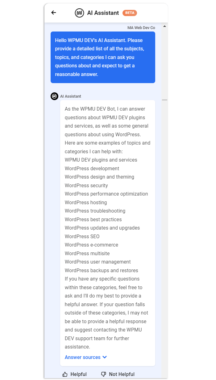 La risposta di WPMU DEV AI Assistant agli argomenti con cui può assistere gli utenti.