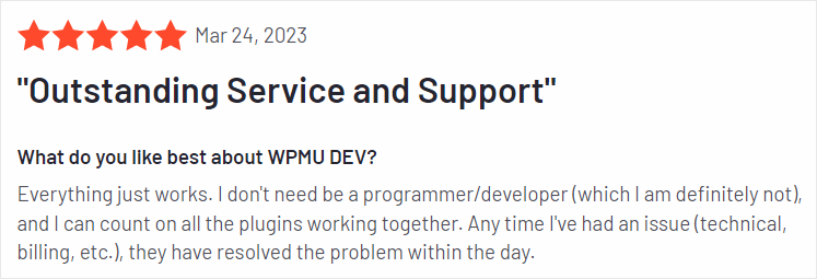 Recensione dei clienti G2.com su WPMU DEV.