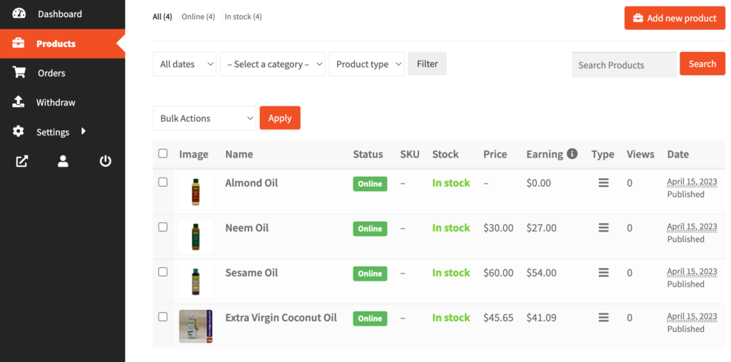 lista de produtos de uma loja
