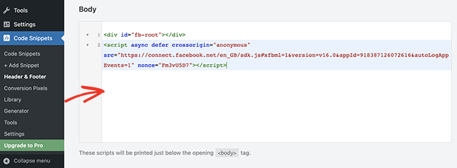 wpcodebodycodesnippet SeedProd Add first facebook like button snippet to your site