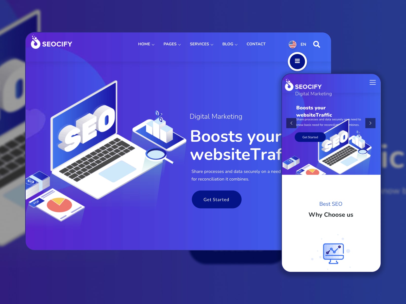 Коллаж темы Seocify WordPress для SEO и агентств цифрового маркетинга в белом и фиолетовом цветах.