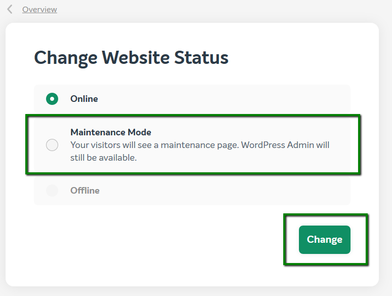 L'impostazione in EasyWP per passare alla modalità di manutenzione.