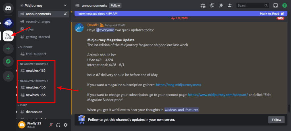 Bergabung dengan kamar pemula di server Midjourney Discord