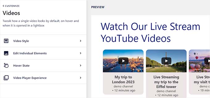 Опция панели видео Videos panel option