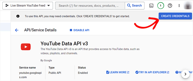 Нажмите кнопку «Создать учетные данные». Click the Create Credentials button