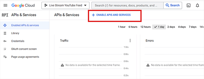 Нажмите кнопку + ВКЛЮЧИТЬ API И УСЛУГИ Click on the + ENABLE APIS AND SERVICES button