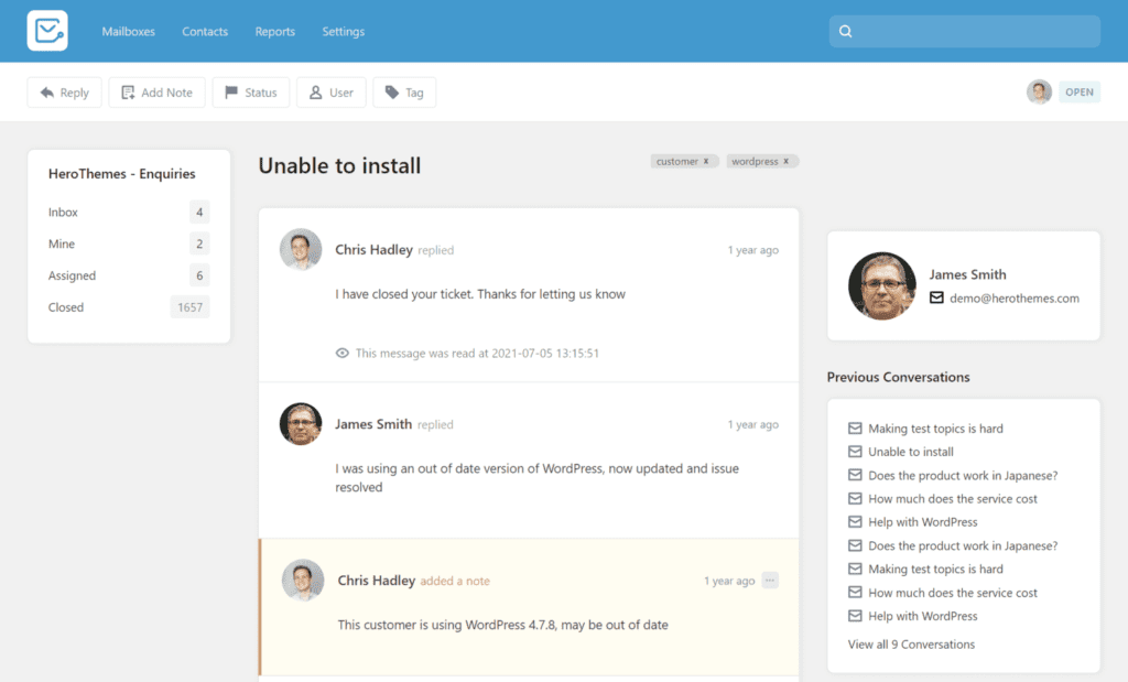 Heroic Inbox interfaz de software de emisión de tickets de la mesa de ayuda