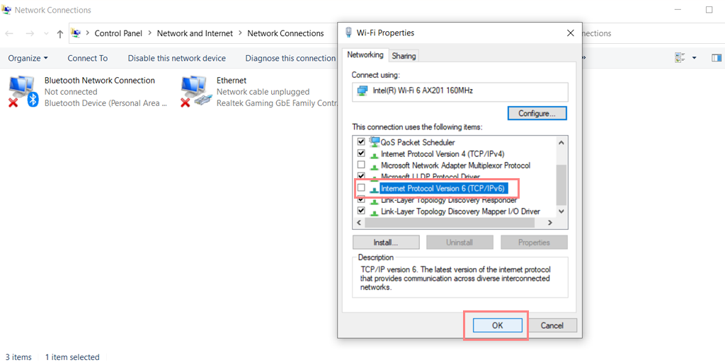 如何修复 DNS_PROBE_FINISHED_NO_INTERNET 错误? 9 Disabling IPv6
