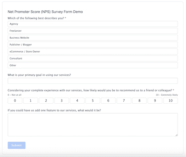 Formidable Forms'tan Net Promoter Score (NPS) anket şablonu