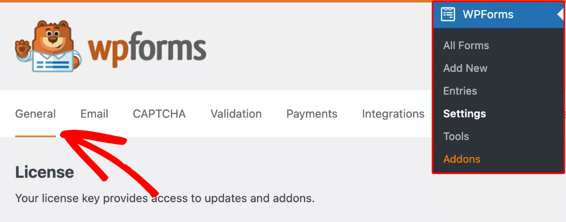 Navigating to the General settings tab in WPForms