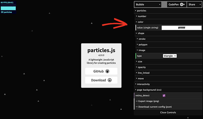 partículaantecedentesconfiguración SeedProd Particlejs configuration