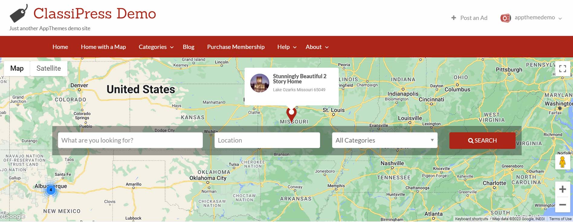 Carte de la page d'accueil active de Classipress avec des listes en direct