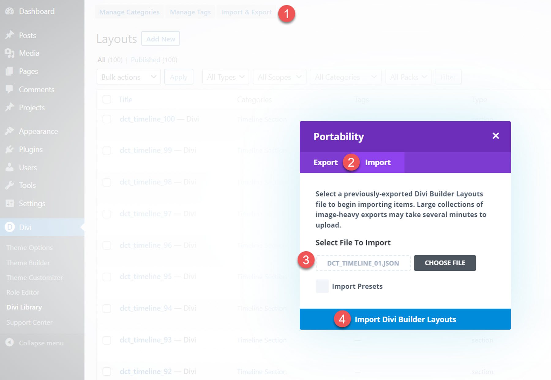 Divi 제품 하이라이트 Divi 타임라인 레이아웃 팩 설치 1