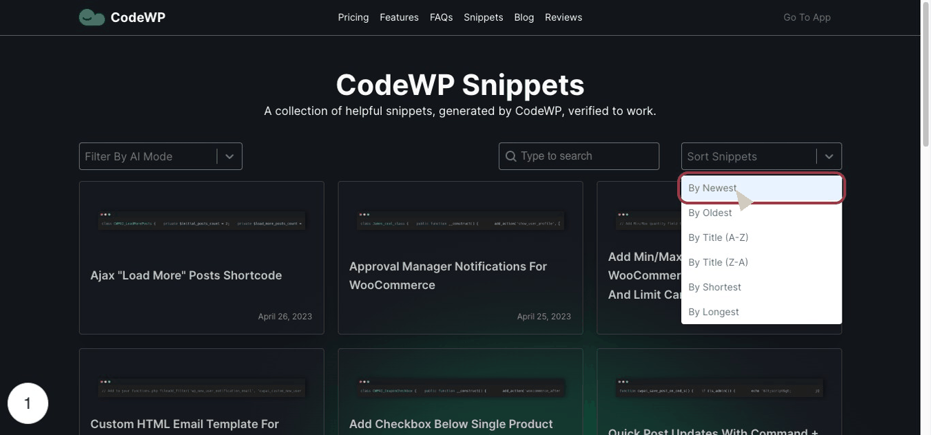 Навигация по библиотеке фрагментов CodeWP в поисках генеративных инструментов ИИ