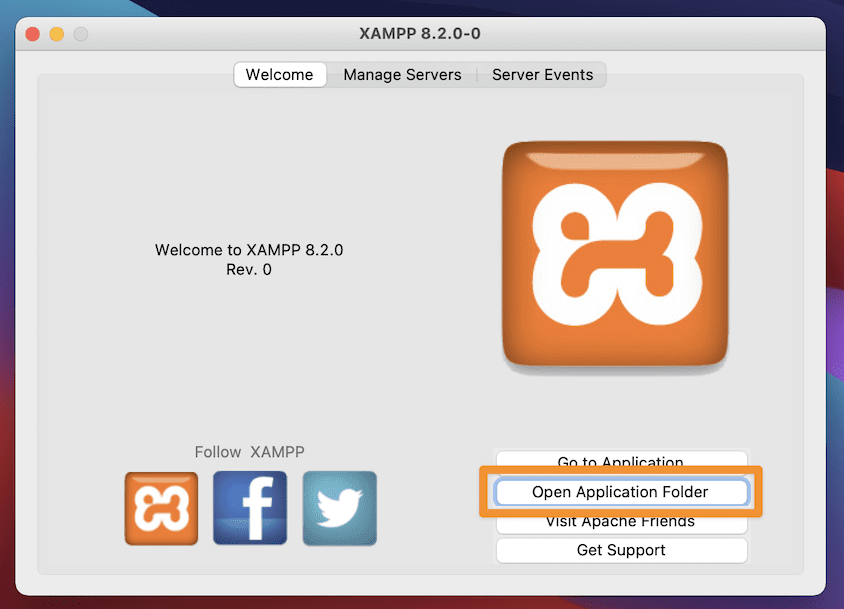 Open Application Folder 버튼을 보여주는 XAMPP 인터페이스.