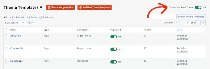 WordPress'te bir şablon kitini etkinleştirme Enabling a template kit in WordPress