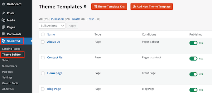 WordPress panosundaki şablon kiti parçalarının listesi A list of template kit parts in the WordPress dashboard