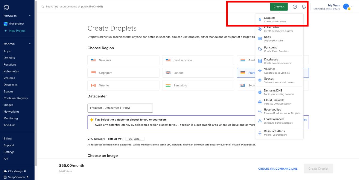 DigitalOcean Dashboard > Creare > Picături