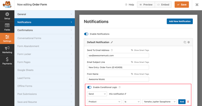 Logika warunkowa WPForms do wysyłania powiadomień WPForms Conditional Logic for Sending Notifications