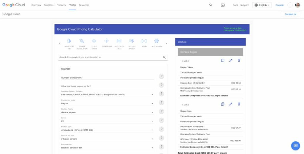 Kalkulator cen Google Cloud VPS