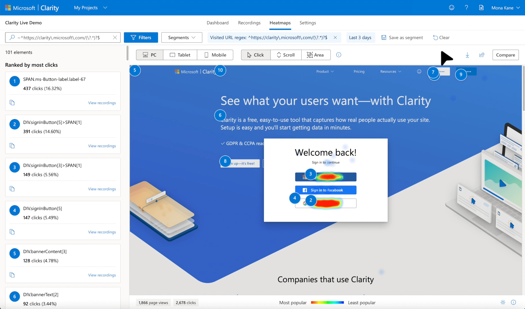Demonstração do Microsoft Clarity.