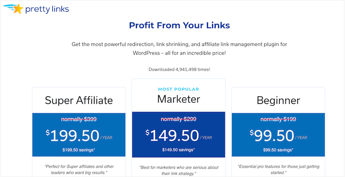 Strona cenowa Pretty Links The Pretty Links pricing page