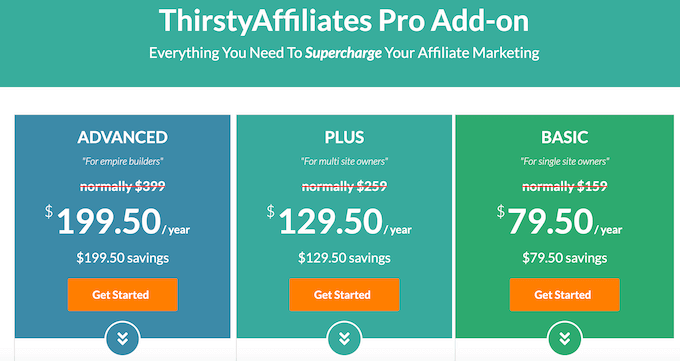 Strona cenowa programu partnerskiego ThirstyAffiliates The ThirstyAffiliates affiliate pricing page
