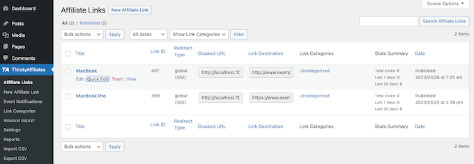 Dodawanie partnerskich adresów URL do pulpitu nawigacyjnego ThirstyAffiliates Adding affiliate URLs to the ThirstyAffiliates dashboard