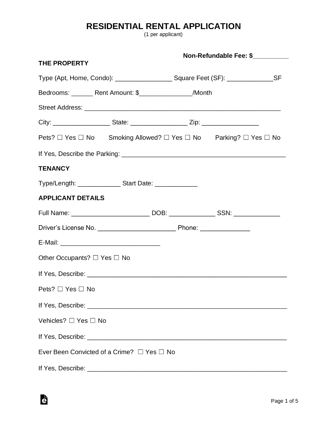An example of a rental application intake form for a property management company